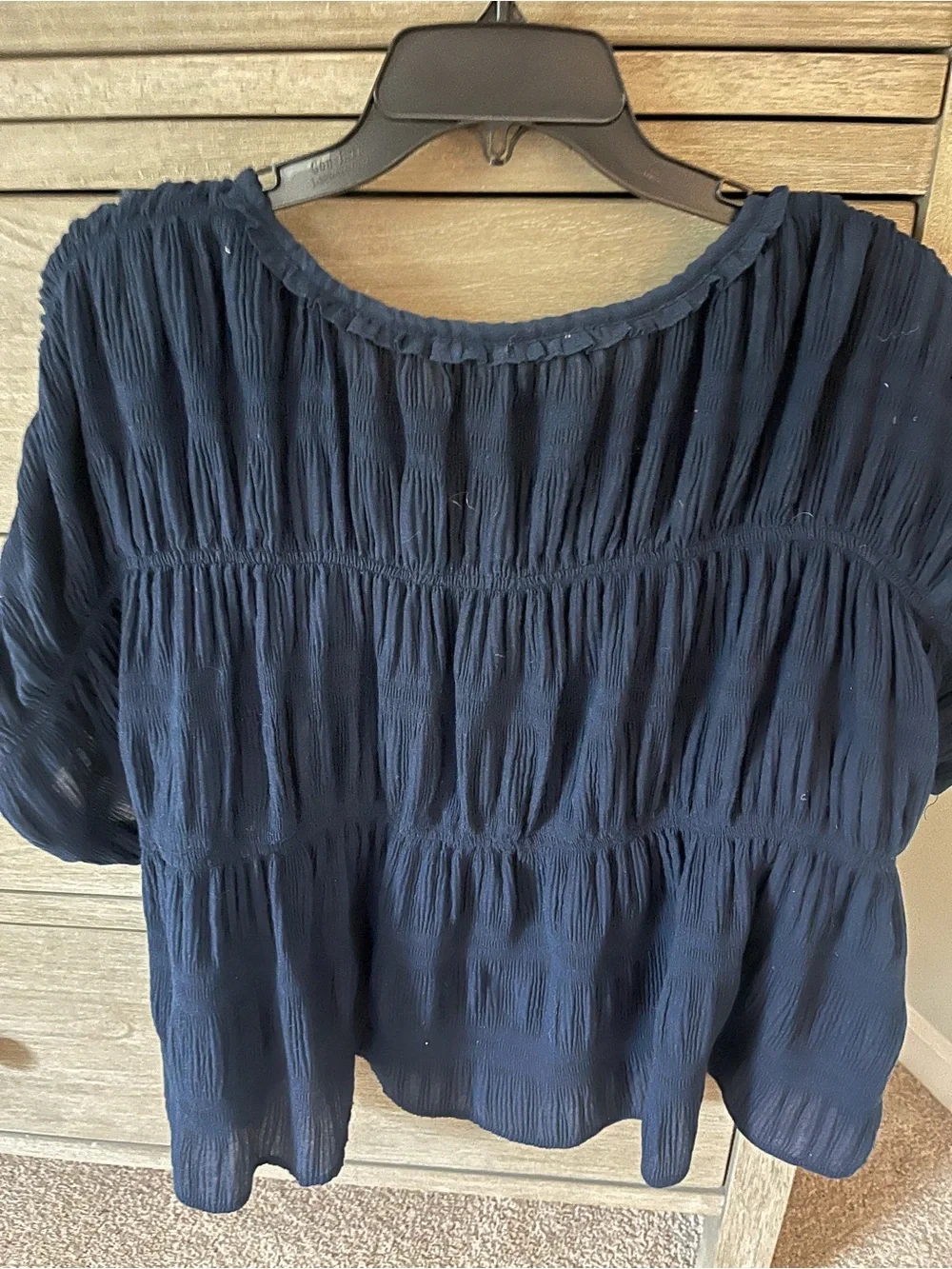 Max Studio Navy Crinkle Button-Front Peasant Blouse